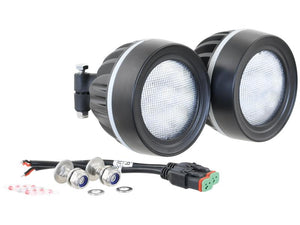 Two Sparex LED Work Lights, each producing 4950 lumens with Class 5 interference rating, black and round 45W off-road flood lights featuring IP6K9K rating, complete with a mounting bracket, wiring harness, connectors, and small accessories on a white background.