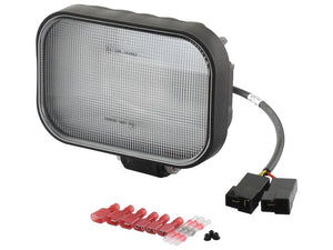 Rectangular automotive LED work light (Sparex Part Number: S.163900) with a wiring harness and connectors set, displayed against a white background. Rated at Class 5 interference and delivering 4200 lumens raw, suitable for 10-30V systems by Sparex.