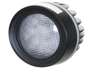 Close-up of a round, black Sparex LED Work Light with a textured glass front, featuring 4950 lumens and 10-30V | Sparex Part Number: S.163911.