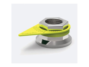 Close-up of a metal fastener assembly with two hex nuts, one featuring a Checkpoint® Original Wheel Nut Indicator (Fluoro Yellow) by Sparex attached, and a green component crafted from virgin polymer between the nuts.