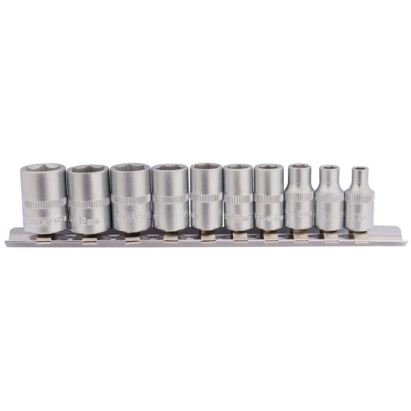 The Draper Metric Socket On Metal Rail, 1/4" Sq. Dr. (10 Piece) - BD10MM features ten silver, 6 point socket wrenches of varying sizes, neatly arranged on a robust metal socket rail. Crafted from chrome vanadium steel, each piece ensures durability and precision for all your mechanic needs.