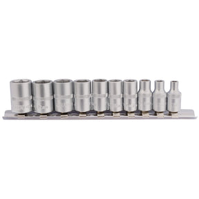 The Draper Metric Socket On Metal Rail, 1/4" Sq. Dr. (10 Piece) - BD10MM features ten silver, 6 point socket wrenches of varying sizes, neatly arranged on a robust metal socket rail. Crafted from chrome vanadium steel, each piece ensures durability and precision for all your mechanic needs.