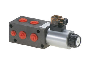 The Sparex Trale Hydraulic Electric Diverter Valve, featuring a black rectangular body, red caps on six 1/2'' BSP ports, and a cylindrical metal component attached at the end, operates at 12V (DC) with an 80 L/min flow rate. This product is identified by the Sparex Part Number S.164003.