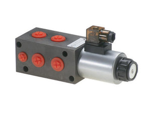 A Trale Hydraulic Electric Diverter Valve 6 Ports 1/2'' BSP 24V (DC) by Sparex, featuring a black rectangular body with red caps and a silver cylindrical actuator attached to an electrical connector, designed for optimal performance at its specified working pressure of up to 80 L/min.