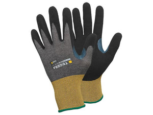 Introducing the Ejendals TEGERA 8805 Infinity Gloves in size 7/S, featuring a sleek black and gray design with yellow cuffs. The Sparex-backed gloves prominently display the "TEGERA" logo on the back of the right-hand glove and are crafted to meet EN 388:2016 safety standards.