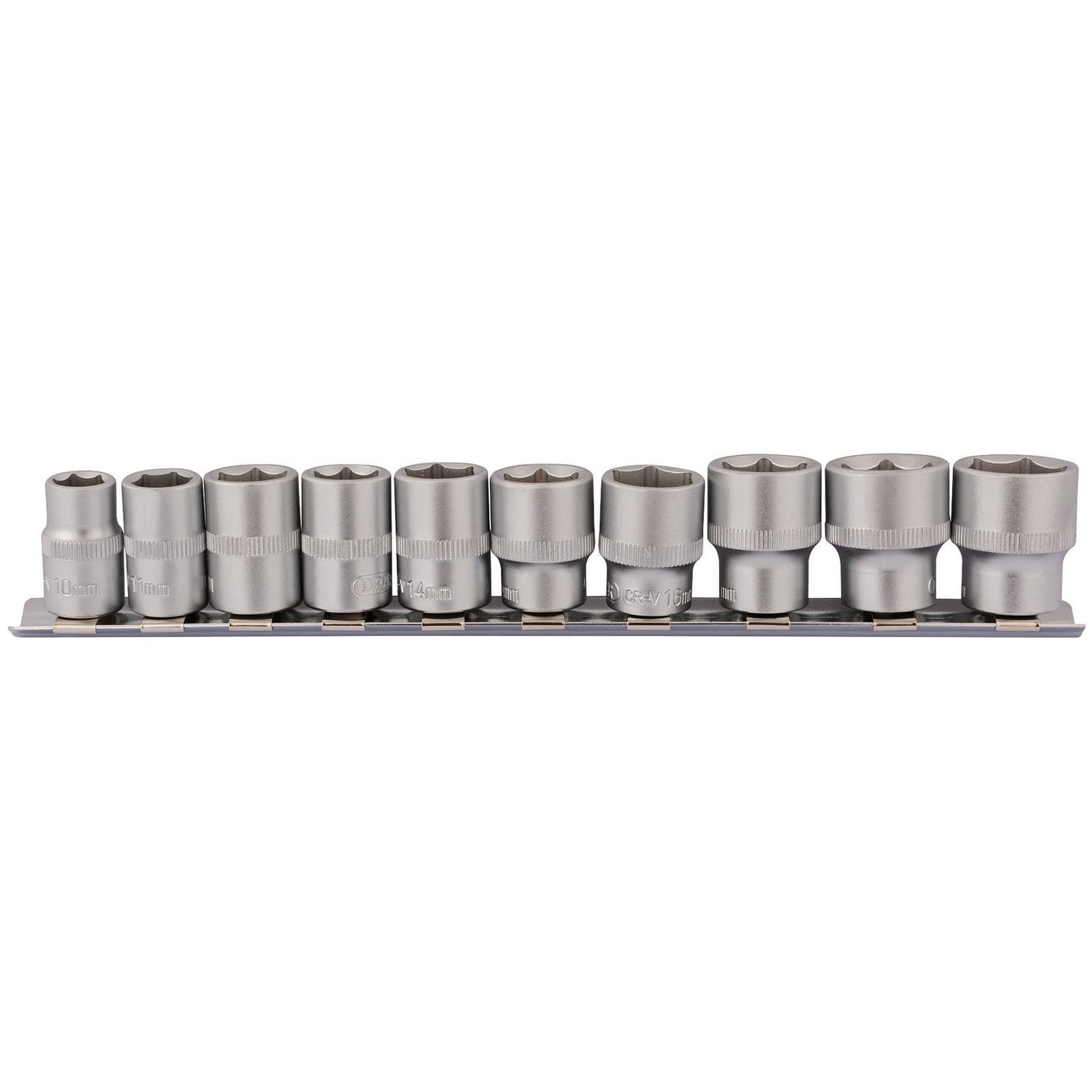 The Draper Socket Set On Metal Rail, 3/8" Sq. Dr. (10 Piece) - DD10MM consists of ten socket wrench heads crafted from durable chrome vanadium steel, organized in a row on a metal socket rail, with sizes ranging from small to large.