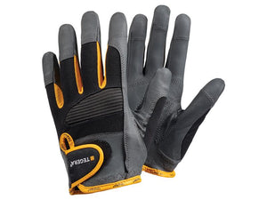 A pair of Ejendals TEGERA 9140 black and gray work gloves with yellow accents by Sparex, ideal for general handling, featuring reinforced palms, adjustable wrist straps, and ribbed sections for flexibility (Sparex Part Number: S.164012).