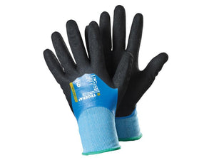 A pair of Ejendals TEGERA 737 Gloves - 7/S, featuring black protective design with blue wrist cuffs and a printed Ejendals label on one glove, ideal for general handling tasks. Available under Sparex Part Number: S.164015 from the Sparex brand.