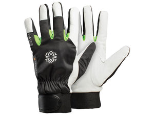 A pair of Ejendals TEGERA 535 gloves in black and white with green accents, displaying both the front and back views. These cold insulation gloves feature a logo and an adjustable wrist strap, meeting the EN 388:2016 standard. You can find these gloves under Sparex Part Number S.164018.