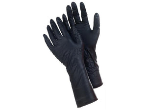 A pair of Ejendals TEGERA 849 black, chemical-resistant rubber gloves with extended cuffs from Sparex, displayed against a white background.