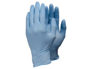 Two Ejendals TEGERA 84301 Gloves in blue, size 7/S, which are designed to be chemical resistant, are placed one in front of the other.