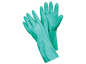 A pair of Ejendals TEGERA 186 Green Chemical Resistant Gloves in size 7/S (Sparex Part Number: S.164022) from Sparex, positioned with one glove slightly overlapping the other and fingers spread out.