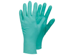 Pair of Ejendals TEGERA 836 green chemical resistant gloves - 7/S, positioned with one glove facing forward and the other showing its back side. (Sparex Part Number: S.164023, Quantity Per Box: 100 pcs.)