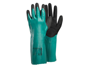 A pair of green and black Ejendals TEGERA 7361 chemical-resistant gloves (7/S) with extended cuffs, featuring a Sparex logo and product information printed on one glove, meeting EN 420 standards.