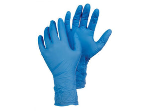 A pair of blue, textured, chemical-resistant Ejendals TEGERA 84501 Gloves in size 7/S from Sparex is held open, showcasing both front and back sides.