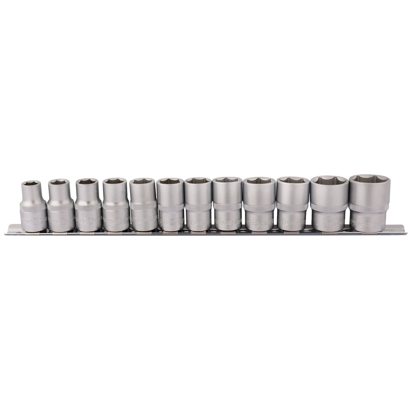 The Draper Socket Set On Metal Rail, 1/2" Sq. Dr. (12 Piece) - HD12MM consists of twelve chrome vanadium steel socket wrenches arranged in ascending order on a sleek metal socket rail.