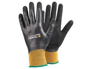 Two black and yellow Ejendals TEGERA 8804 Infinity Gloves (8/M) by Sparex, featuring a rubberized grip ideal for general handling. The back of one glove displays branding text.