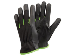 Introducing the Ejendals TEGERA 515 Gloves - 8/M by Sparex (Part Number: S.164037): These black work gloves feature green trim at the wrist and textured fingers, making them ideal for general handling tasks. The product is displayed with one glove facing forward and the other backward, ensuring a clear view of its design. Enjoy added protection thanks to their EN 388 certification.