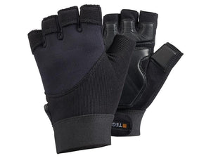 The Ejendals TEGERA 901 Gloves - 8/M by Sparex (Sparex Part Number: S.164038) are black fingerless work gloves with padded palms and adjustable wrist straps, making them ideal for general handling tasks.