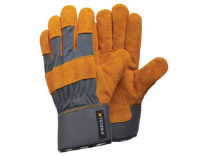 A pair of yellow and gray work gloves with the "Ejendals TEGERA 35" brand name on the wrist area, ideal for general handling and compliant with EN 388:2016 standards. Sold under Sparex Part Number: S.164041 in size 8/M.