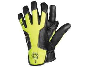 A pair of high-visibility winter gloves with black palms and yellow-green backs from the Sparex brand, known as Ejendals TEGERA 7798 Gloves in Size 8/M. These cold insulation gloves feature touchscreen-compatible fingers and comply with EN 388 standards. The Sparex Part Number for these gloves is S.164043.