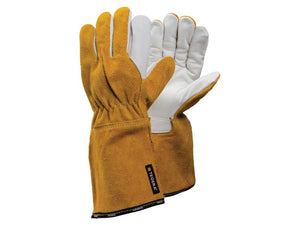 The Ejendals TEGERA 8 Welding Gloves (8/M) with Sparex Part Number S.164044 feature a yellow suede exterior and white leather on the palm and inner fingers. These gloves, made by Sparex, are perfect for welding and are EN 388:2016 certified for enhanced safety and durability.