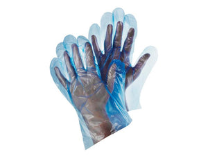 A stack of Ejendals TEGERA 555 Gloves - 8/M disposable blue plastic gloves sits neatly on a white surface.