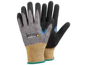 A pair of size 9/L black and gray cut-resistant gloves with rubber grips, featuring the brand name "Sparex" by Ejendals, labeled as TEGERA 8807 Infinity Gloves - Sparex Part Number: S.164059.