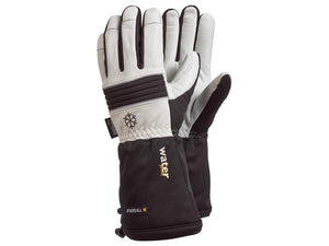 The Ejendals TEGERA 595 Gloves - 9/L from Sparex (Sparex Part Number: S.164061) are insulated, waterproof winter gloves designed for outdoor activities in cold and wet conditions. These primarily black gloves with white palms and fingertips meet the EN 420 standard.