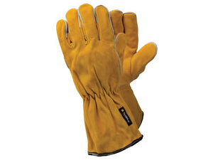 The Ejendals TEGERA 19 Welding Gloves (Sparex Part Number: S.164071) are a pair of yellow work gloves with a black tag and elasticized wrists, designed for hand protection by Ejendals. Ideal for welding, these gloves meet the EN 12477 standard.