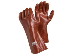 A pair of Ejendals TEGERA 10pg Gloves - 9/L by Sparex (Sparex Part Number: S.164076) in brown with a protective coating, displaying both front and back sides. The gloves feature safety and manufacturer markings on the cuffs, including compliance with the EN 420:2003 standard.