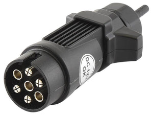 Close-up of the CAN Bus Transmitter for Connix Plus - 12V by Sparex, featuring a black electrical connector with a cylindrical end containing multiple pins, marked with a DC-12V label and an IP65 rating for enhanced durability. (Sparex Part Number: S.164148)