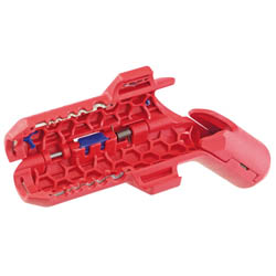 Introducing the Draper Knipex 16 95 01 Sb Ergostrip Universal 3 in 1 Tool, a versatile right-handed red plastic tool designed for wire sheath stripping, featuring hexagonal patterning and sturdy internal metallic components.