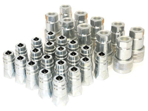 A variety of hexagonal carbon steel fittings, including Sparex Quick Release Hydraulic Coupling Male/Female with a 1/2" body and 1/2" BSP female thread, arranged in rows and available in different sizes, are supplied in a large bucket containing 30 pieces (Sparex Part Number: S.164196).