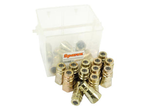 A transparent plastic box labeled "Sparex" containing Sparex Quick Release Hydraulic Coupling Male 1/2'' Body x 1/2'' BSP Female Thread (Large Bucket 20 pcs.), with additional fittings placed in front of the box.