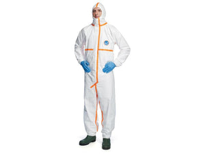 Person wearing a DuPont Tyvek 800J Hooded Coverall in white with orange seams, blue gloves, and green boots, standing with hands on hips. This CAT III EN 14126 compliant Sparex outfit (Part Number: S.164219) ensures maximum safety and protection.