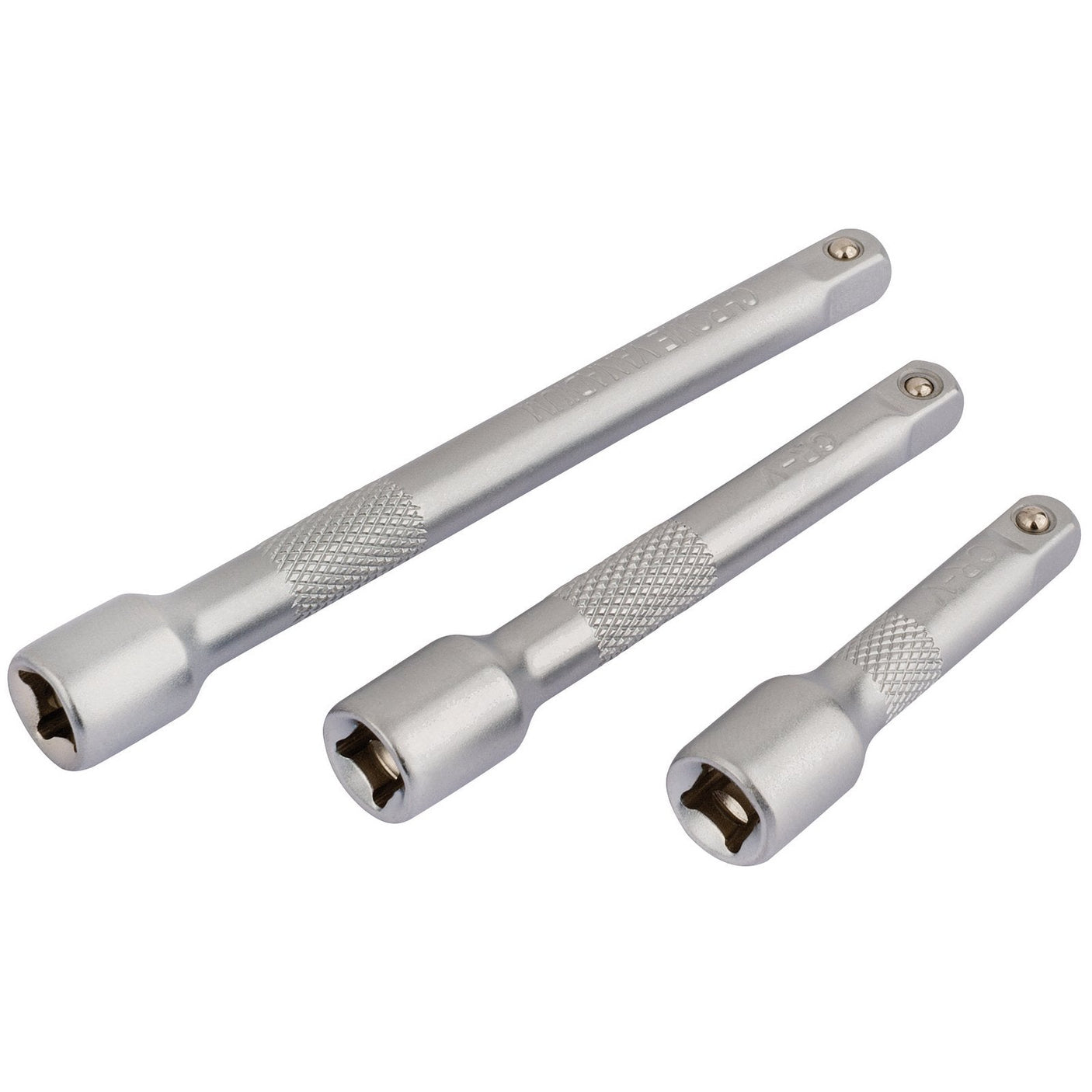 Three Draper Extension Bar Set, 1/4" Sq. Dr. (3 Piece) - BD-EXT/3, aligned side by side on a white background, crafted from durable chrome vanadium steel.