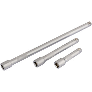 Three Draper Extension Bar Set, 3/8" Sq. Dr. (3 Piece) - DD-EXT/3, featuring durable chrome vanadium steel construction with a sleek satin finish, arranged side by side on a white background.