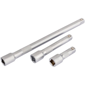 Three Draper Extension Bars, 1/2" square drive and of varying lengths, crafted from chrome vanadium steel and arranged in a row on a white background. The Draper Extension Bar Set (HD-EXT/3), featuring a satin finish and knurled ring for better grip, showcases both durability and precision.