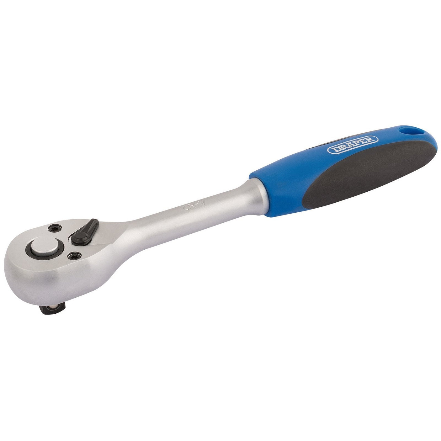 The Draper 72 Tooth Reversible Soft Grip Ratchets, 3/8" Sq. Dr. - DD72 is a metal ratchet wrench featuring a 72 tooth ratchet and a soft grip blue and black rubber handle.