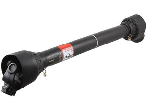 A Sparex PTO Shaft - (Lz) Length: 1510mm, 1 3/8'' x 6 Spline Q.R. to 1 3/8'' x 6 Spline Overrunning Clutch (Clockwise), featuring a sturdy black design with protective coverings at both ends and a red "Danger" safety warning label in the middle, complemented by a robust universal joint for enhanced durability, branded under Sparex Part Number S.164292.