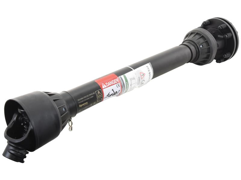 A black mechanical part labeled with warning and certification symbols, featuring a cylindrical shape with connectors at both ends, ideal for PTO Series applications. This is the Sparex PTO Shaft - (Lz) Length: 860mm, 1 3/8'' x 6 Spline Q.R. to 1 3/8'' x 6 Spline Friction Disc Clutch, carrying Sparex Part Number: S.164305.