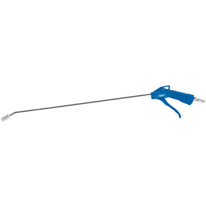 The Draper Long Reach Air Blow Gun, 500mm - 4298B by Draper is a blue compressed air blow gun that features a safety nozzle, extended metal nozzle, and trigger handle.