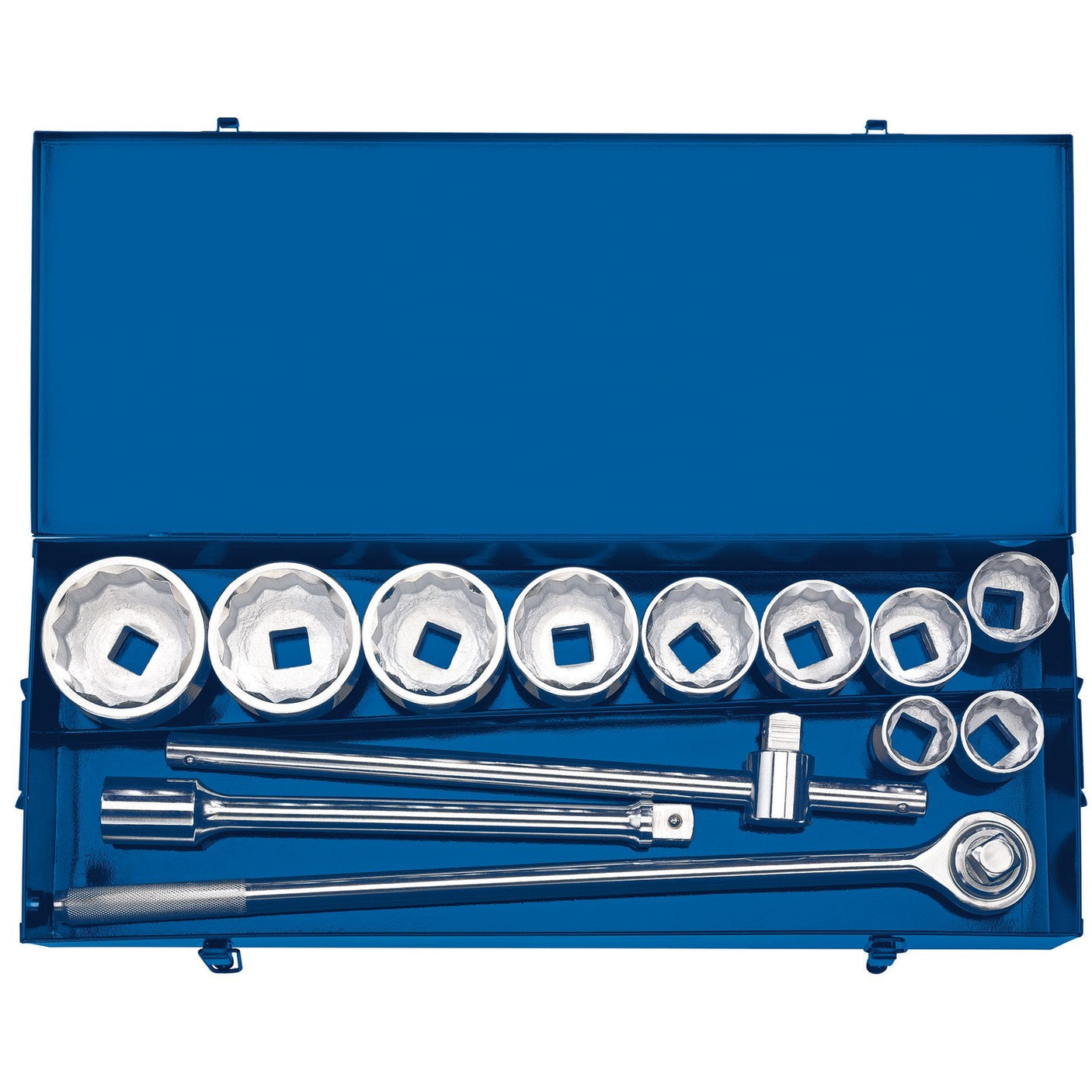 A Draper Metric Socket Set In Metal Case, 1" Sq. Dr. (13 Piece) - T13MM/B containing a set of various-sized socket wrenches, a reversible ratchet handle, chrome vanadium steel extension bars, and a universal joint attachment.