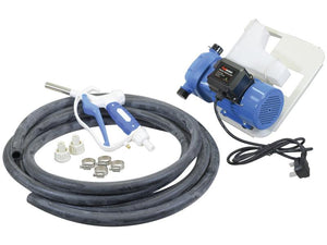 The FuelWorks - AdBlue IBC Transfer Kit by Sparex, with part number S.164421, includes a delivery hose, spray gun, nozzle attachments, hose clamps, and an electrical power cable for consistent flow rate (230V, UK Plug).