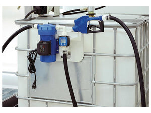 Image of the Sparex FuelWorks - AdBlue IBC Transfer Kit with Flow Meter, fixed to a large metal storage container, equipped with delivery hoses and dispensing nozzles.