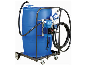 The Sparex FuelWorks - AdBlue Mobile Drum Pump Kit, featuring a blue plastic drum mounted on a wheeled metal frame, comes equipped with a manual nozzle, flow meter, pump, delivery hose, and additional hoses. This 230V kit (UK Plug) is perfect for handling UREA/DEF. Sparex Part Number: S.164427.