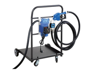 The FuelWorks - AdBlue Mobile Drum Pump Kit by Sparex, featuring an integrated electric pump, hose, and automatic nozzle with a DEF system and flow meter, is conveniently mounted on a wheeled frame for easy transport and use. (Sparex Part Number: S.164430)