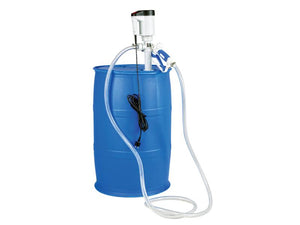 A 200-liter blue drum equipped with a Sparex FuelWorks - AdBlue Barrel Pump and Motor, 230V, (UK Plug), Part Number: S.164434, featuring an attached UREA/DEF Delivery Hose.