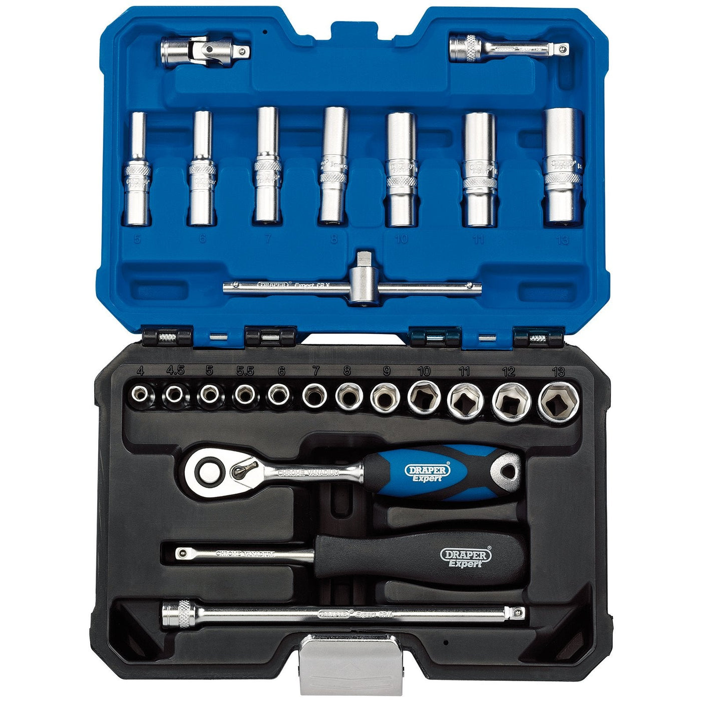 The Draper Expert Metric Socket Set, 1/4" Sq. Dr., Blue (25 Piece) - B25MN/SG is a compact, open toolbox containing an assortment of metal sockets, six-point sockets, wrenches, and other tools made from chrome vanadium steel, all organized in a molded blue-and-black case.